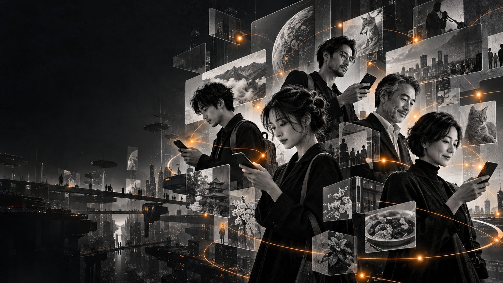 世代を超えてSNSが日常の情報収集に使われる様子を表したエディトリアルビジュアル